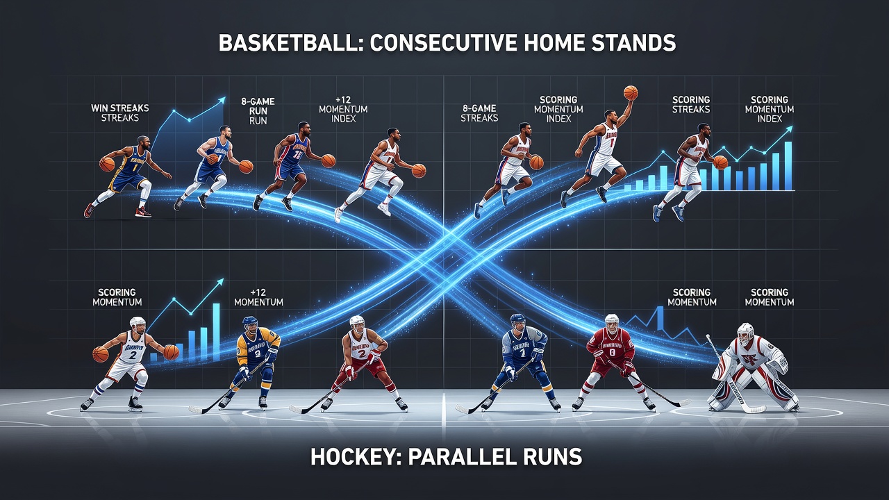 Side-by-side comparison charts showing NBA and NHL momentum alignment during home stands for daily betting
