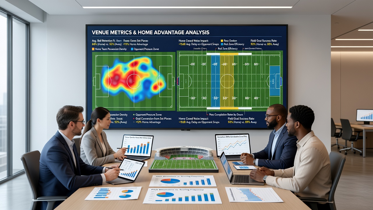 Comparative analysis graphic showing home advantage statistics across various soccer stadiums and NFL venues