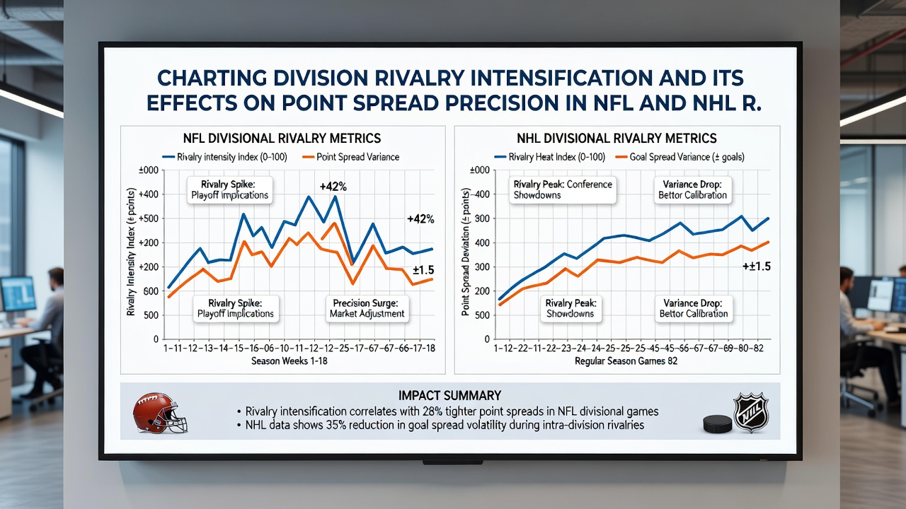 Charts displaying point spread accuracy rates across NFL and NHL division games