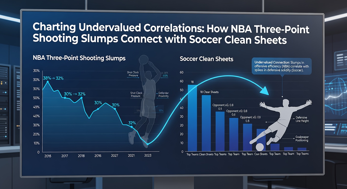 Statistical charts displaying NBA three-point slump trends alongside soccer clean sheet probability models