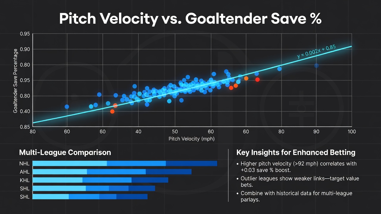 Multi-league betting model dashboard showing velocity and save percentage correlation graphs