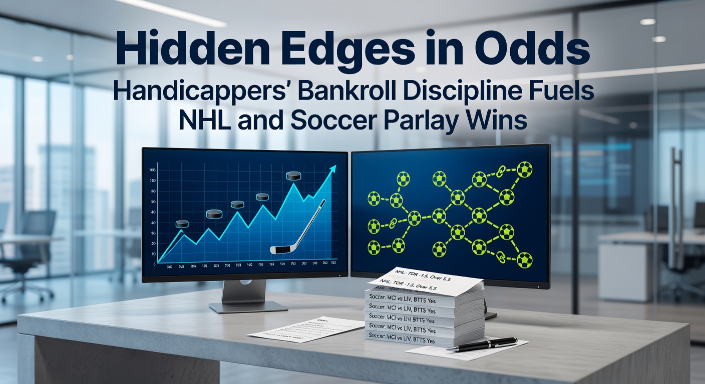 Handicapper reviewing bankroll charts alongside NHL playoff odds and soccer parlay slips, highlighting disciplined unit sizing strategies