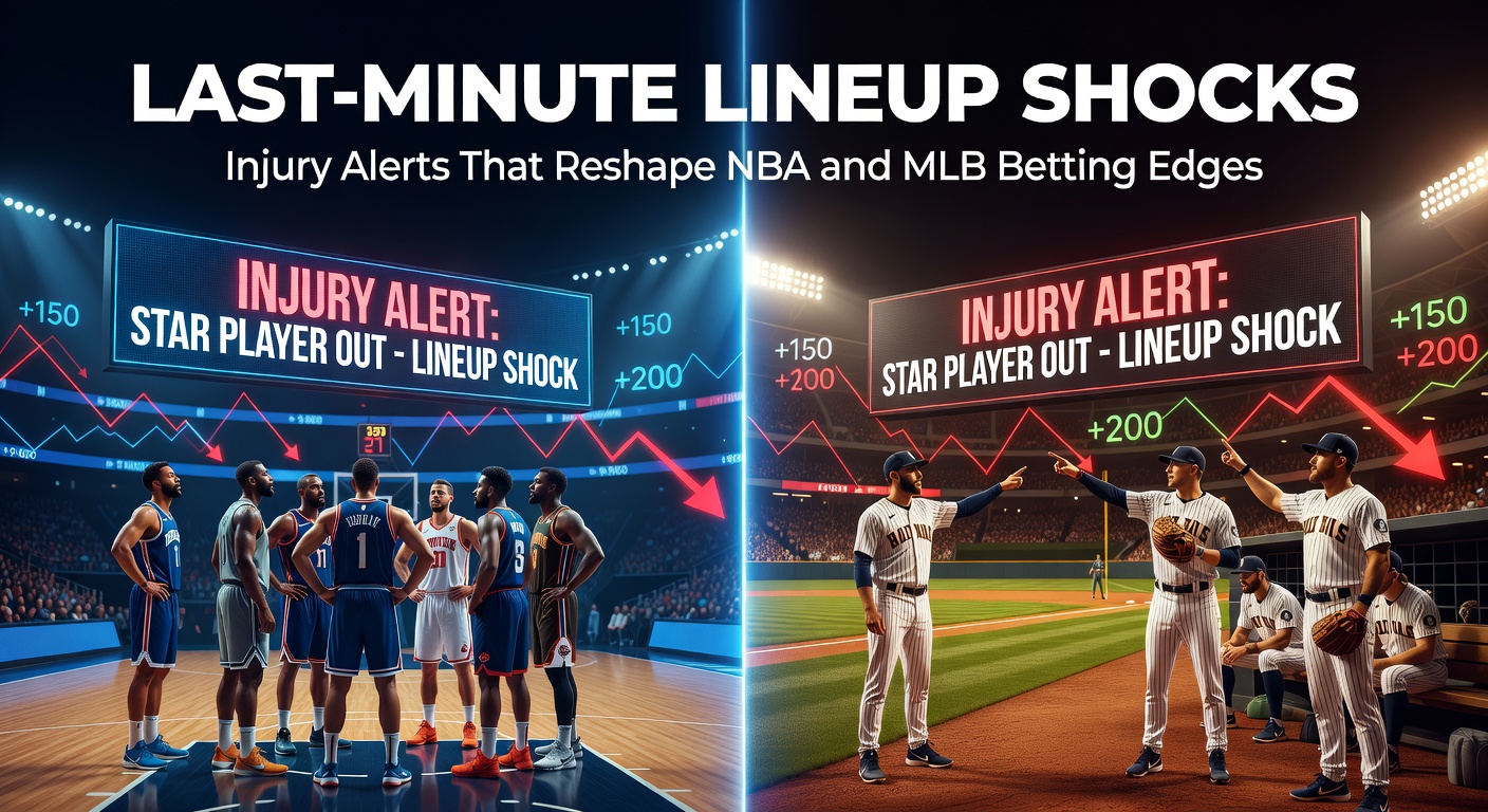 A dramatic NBA court scene with a player clutching his ankle mid-game while bettors react to shifting odds on screens in the background
