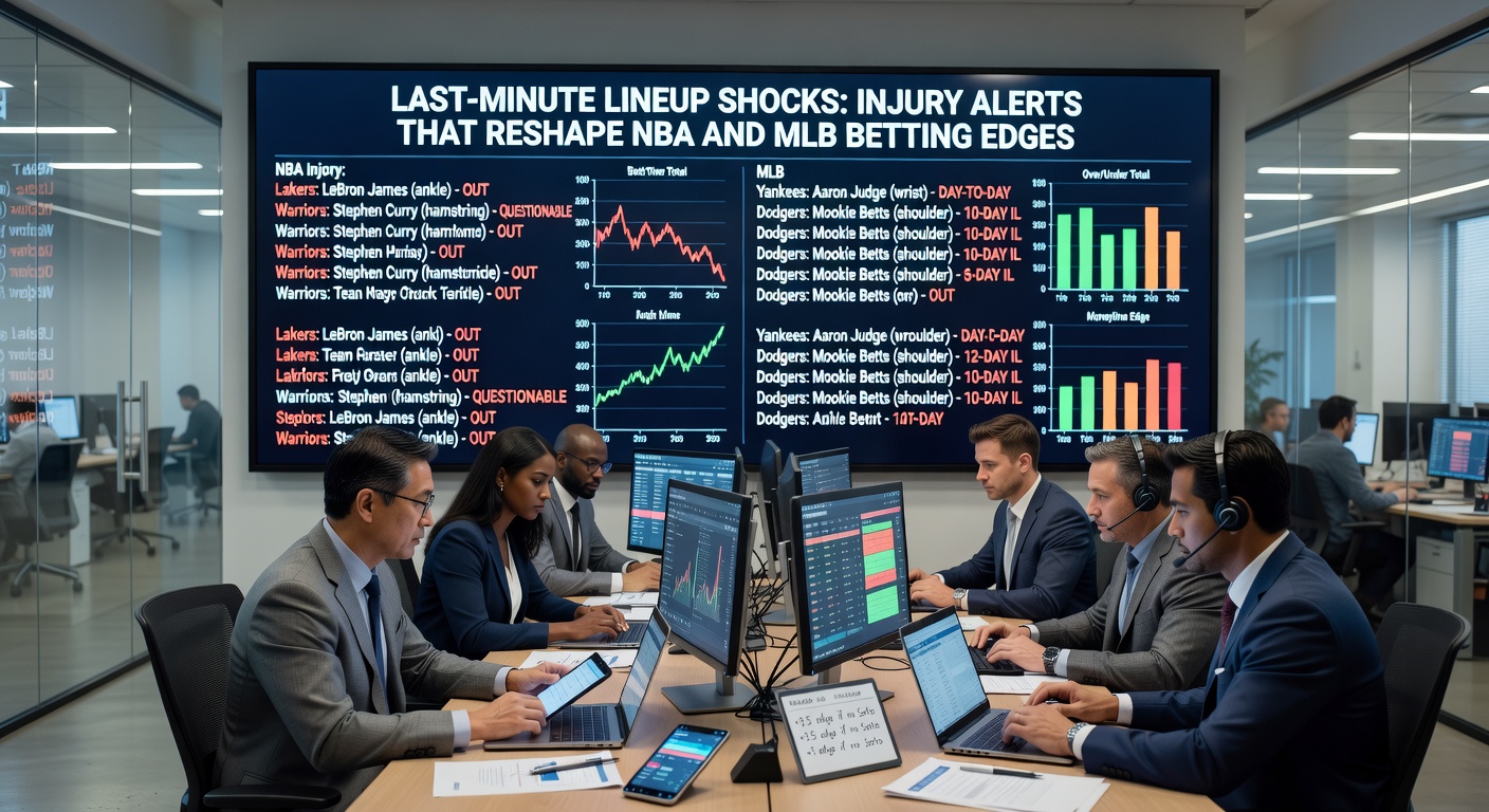 MLB dugout tension as a manager checks his tablet for injury updates, with betting odds flickering on a nearby screen amid lineup cards scattered around