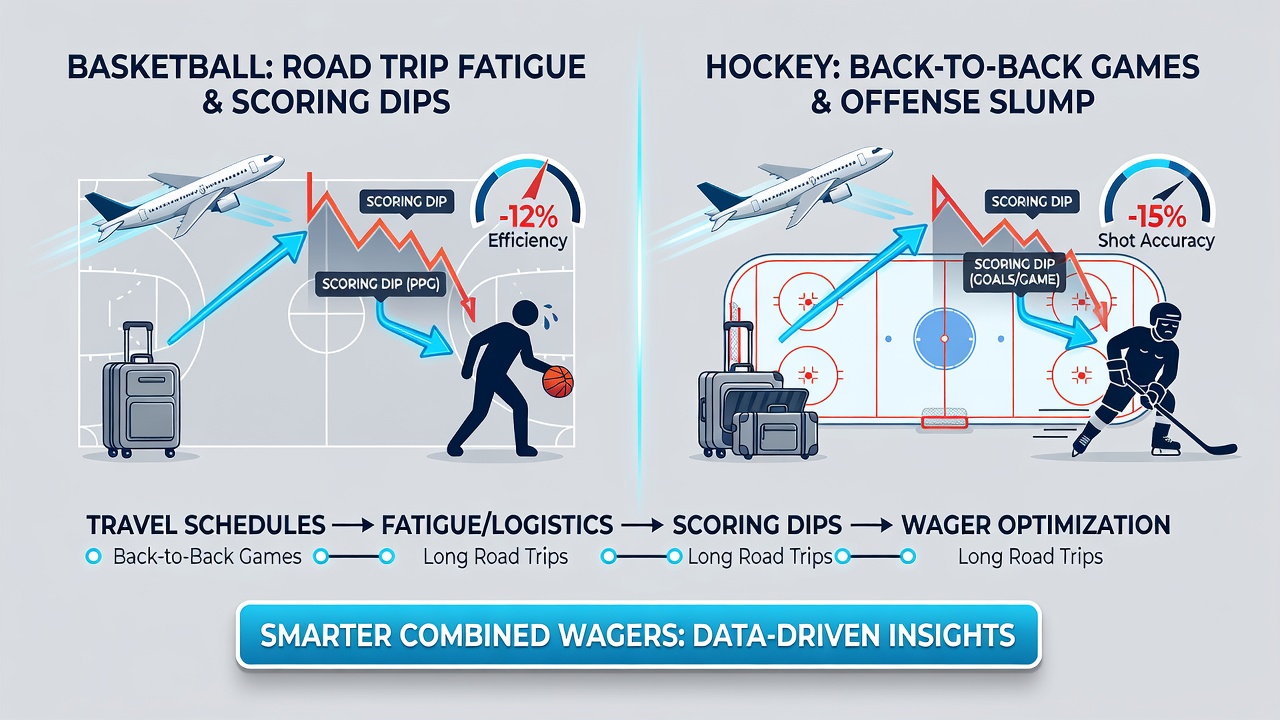 Data visualization of travel distance versus scoring output in NBA and NHL games