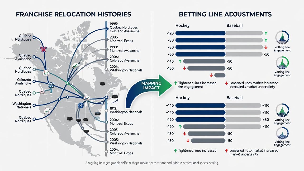 Data visualization comparing betting line movement timelines for relocated NHL and MLB teams across multiple seasons