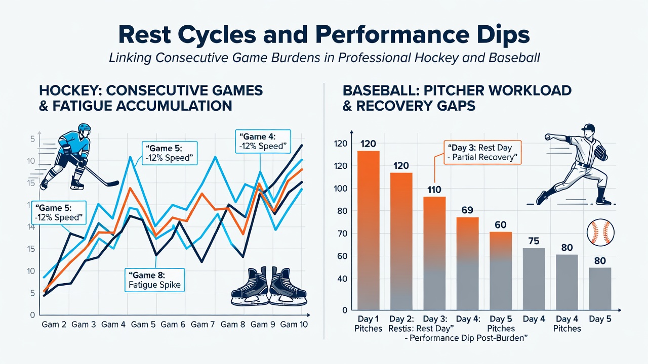 Charts and graphs illustrating performance metrics in hockey and baseball under consecutive game conditions