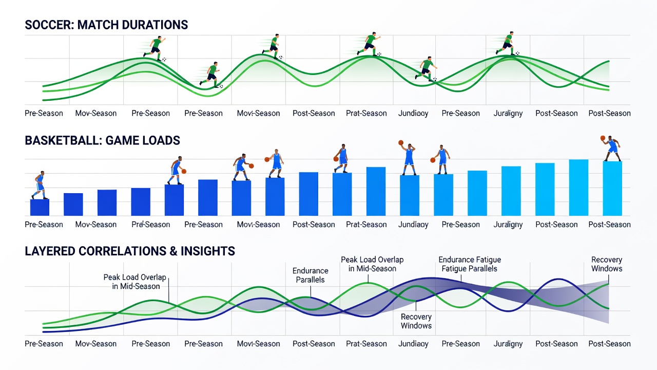 Data charts and performance graphs illustrating correlations between soccer durations and basketball loads for betting models